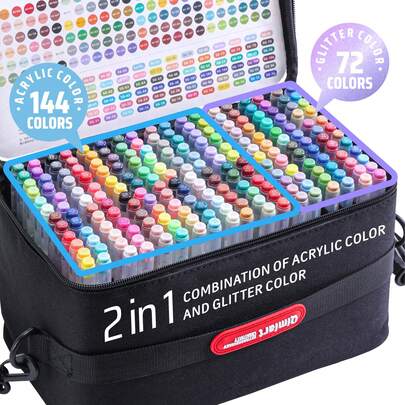 216-Color Gel Pen Set, Includes 144 Acrylic Medium Pens And 72 Glitter Effect Drawing Pens, Vibrant Colors, Smooth Writing, 1.0mm Tip, Suitable For Wood, Canvas, Stone, Rock Painting, Glass, Ceramic, DIY Crafts And Art Supplies, Great For Artists And Beginners, Elegant Packaging - Ideal Gift For Boys/Girls Students And Teachers