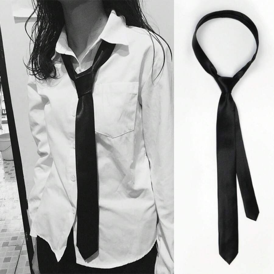 1 chiếc cà vạt mỏng bằng polyester dành cho nữ, thích hợp để trang trí hàng ngày, kết hợp với áo sơ mi, làm quà tặng, đa năng và thời trang. - màu đen - Xem 1