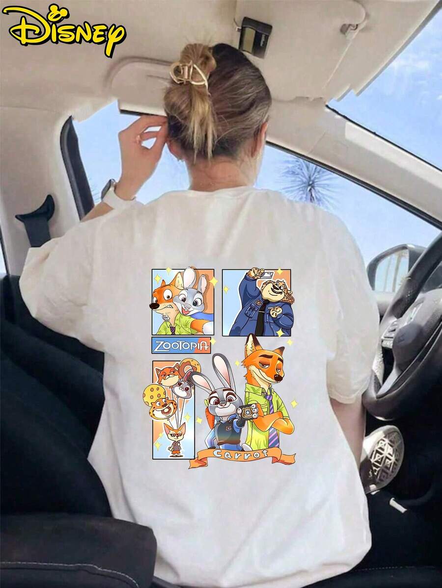 Disney (Loose Version) Women's Zootopia Cartoon Graphic Print White Cotton T-Shirt, Cut Short Sleeve Round Neck Regular Fit Tee Is Suitable For Summer And Spring, Short-Sleeved Tops, Ladies' Clothes And Holiday Gift Party Clothes. - White - View 1