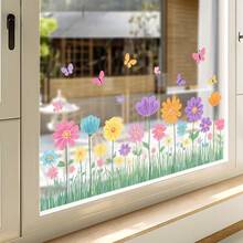 1 pieza Pegatina de ventana con flores y mariposas de primavera y verano, calcomanía de vidrio removible, adecuada para ventanas, puertas de vidrio, decoración de aulas - AD36191 totalmente transparente - Ver 2