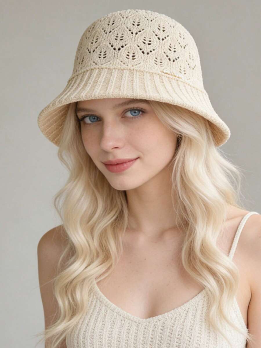 1pc Women Casual Knit Bucket Hat, Fashion Elegant Sunscreen Breathable Bucket Hat, Versatile For Daily Outdoor Use,Summer,Beach - Multicolor - View 1