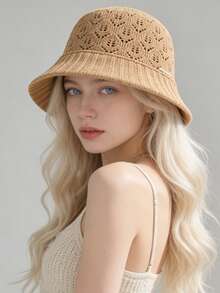 1pc Women Casual Knit Bucket Hat, Fashion Elegant Sunscreen Breathable Bucket Hat, Versatile For Daily Outdoor Use,Summer,Beach - Multicolor - View 7