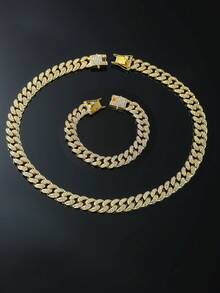 2pcs/Set Men's Classic Full Diamond Cuban Link Necklace And Bracelet Set - Style a - View 1