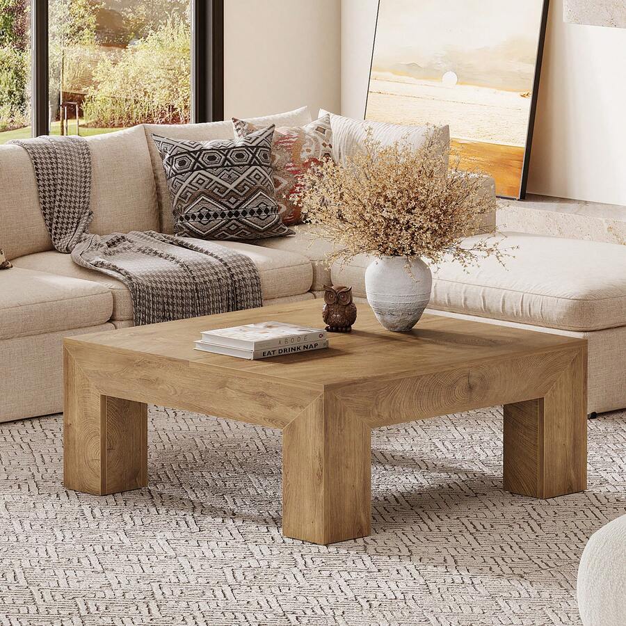 LITTLE TREE 39.37-Inch Square Coffee Table For Living Room, Farmhouse Low Large Center Tea Accent Table With Sturdy Legs, Easy Assembly - 淺棕色 - 查看 1