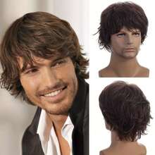 Men's Wig, Short Curly Hair Fashion Natural Oblique Bangs Wig - Brown - View 1