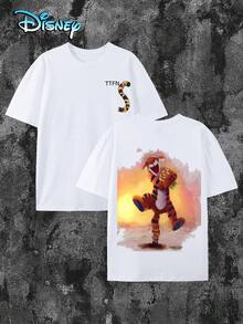 Disney Official Authorization, Disney Unisex Casual Round Neck Short Sleeve T-Shirt With Tigger's Spring Bouquet Print, Suitable For Everyday Wear All Year Round. Men's Graphic Tee, Men's Apparel, Breathable And Comfortable, Necessary For Vacation. - 白色 - 查看 1
