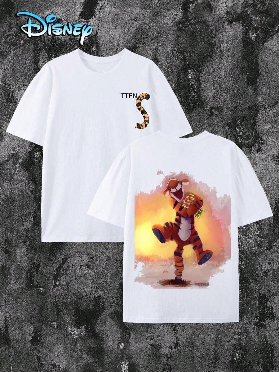 Disney Official Authorization, Disney Unisex Casual Round Neck Short Sleeve T-Shirt With Tigger's Spring Bouquet Print, Suitable For Everyday Wear All Year Round. Men's Graphic Tee, Men's Apparel, Breathable And Comfortable, Necessary For Vacation. - 白色 - 查看 1