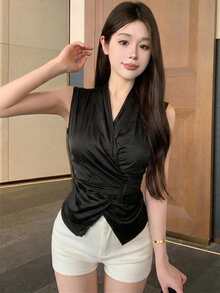 夏季V领系腰无袖女式衬衫，优雅修身露肩上衣 - 黑色 - 查看 5