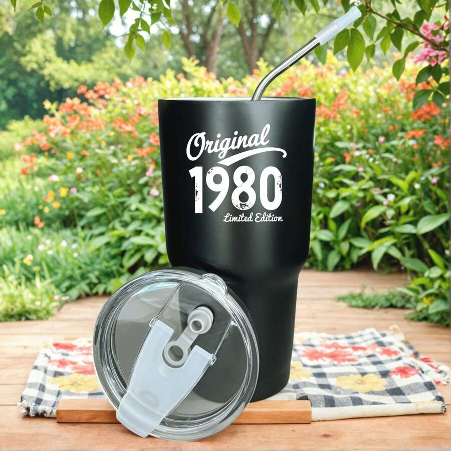 30oz Stainless Steel Tumbler Black White Options, Original 1980 Limited Edition Graphic Cups, Insulated Travel Coffee Mug With Lid And Straw , Double Wall Vacuum Reusable Travel Cups, Funny Birthday Party Gift For Women & Men - 黑色 - 查看 1