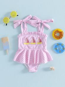 Traje de baño de rayas para niña pequeña, bonito traje de baño sin mangas con estampado de velero de verano - Rosa - Ver 1