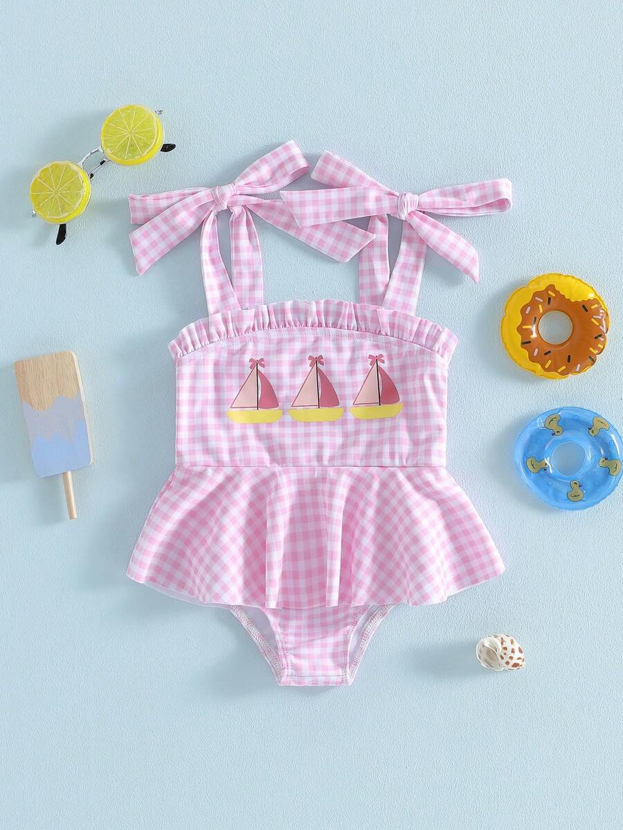 Traje de baño de rayas para niña pequeña, bonito traje de baño sin mangas con estampado de velero de verano - Rosa - Ver 1