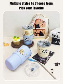 Cute Kitchen 1个304不锈钢双层保温咖啡杯，带盖，可爱猫咪/熊猫图案，容量14.2盎司/20.3盎司（420毫升/600毫升），米色/蓝色，材质防烫，包含304不锈钢吸管和硅胶吸管帽，非常适合车载、办公、旅行、野餐，也是节日送礼和自用的理想之选。 - 彩色 - 查看 11