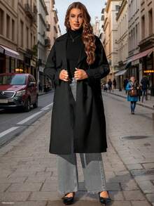 Risissida Women's Minimalist Long Windbreaker, Suitable For Spring And Autumn, With Belt And Pockets, Versatile For Various Occasions - Black - View 4