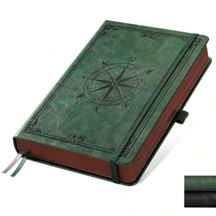 A5 Bullet Journal with Waterproof Leather Hard Cover Compass Design 320 Pages 100GSM Thick Paper 5mm Dot Grid A5 Size 5.75×8.38 inches Ideal for Sketchbooks Collage Notebooks and Gifts - 緑 - チェックする 1