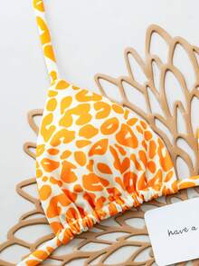 Set de 2 piezas Bikini de traje de baño con estampado de leopardo, sexy y con cordones en la espalda, adecuado para la playa, actuaciones en el escenario y vacaciones de verano - Naranja - Ver 3