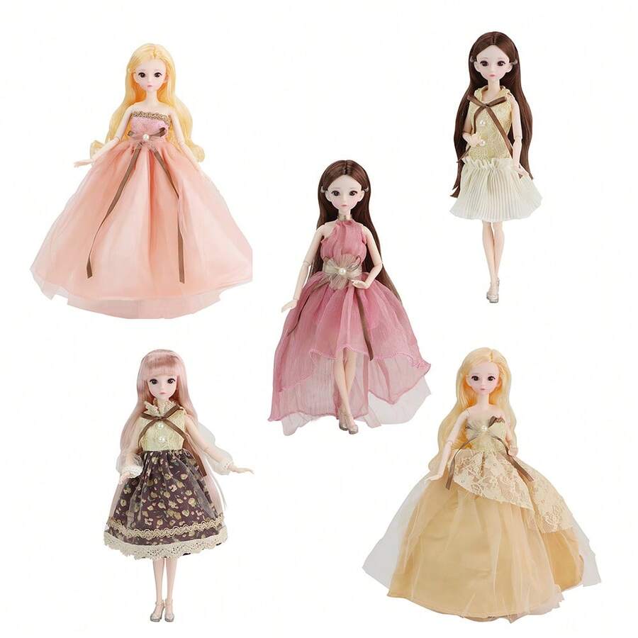 30厘米可收藏时尚娃娃，身着优雅连衣裙，身体可活动，妆容精致，脚踩香槟色高跟鞋，可爱女孩玩具 - 整個娃娃 - 查看 1