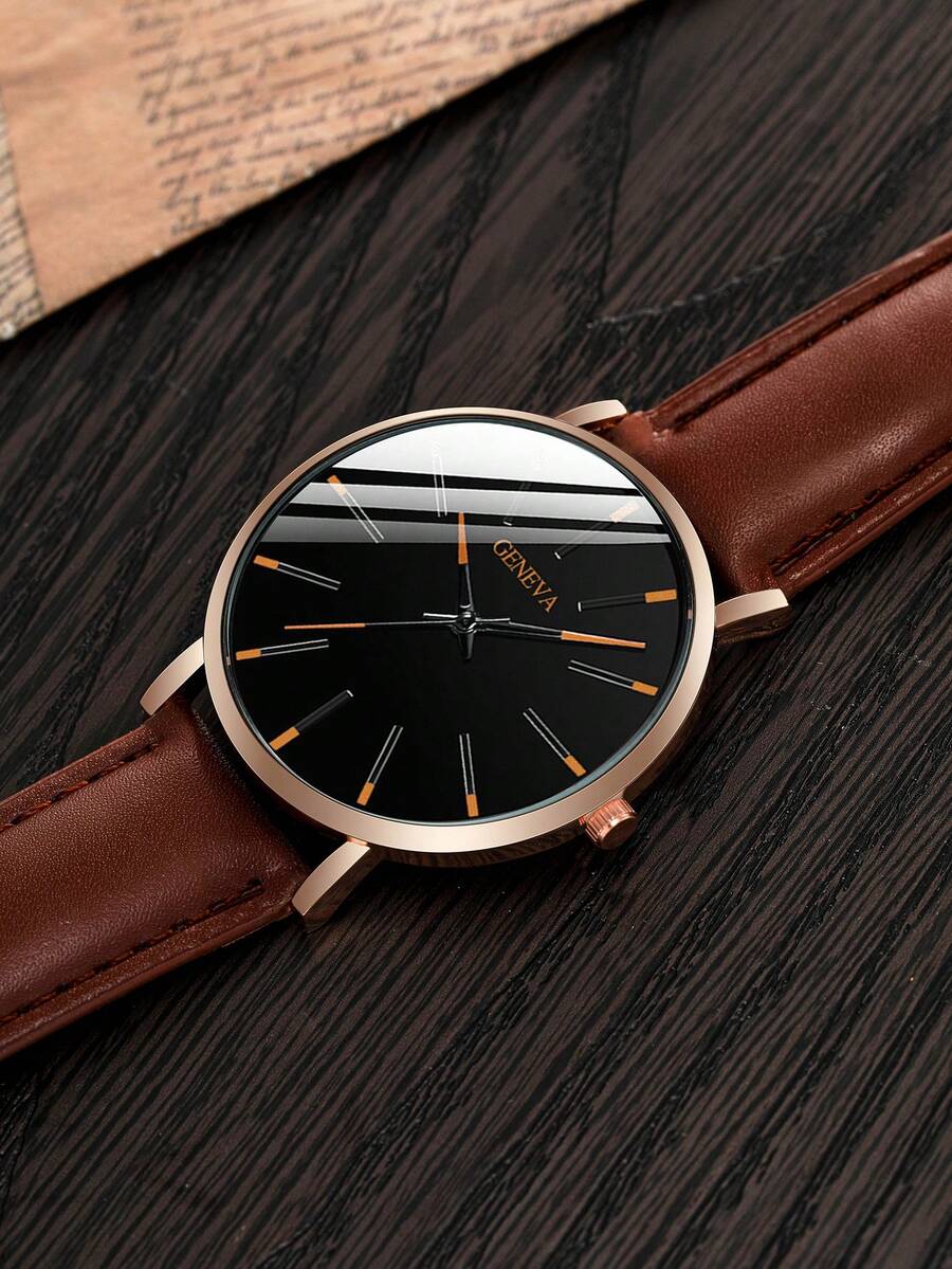 男士休闲时尚圆形石英表，PU表带，日常佩戴完美之选，理想礼物 - 棕色 - 查看 1