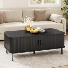 ONBRILL Black Rectangular Coffee Table, 47 Inch Fluted Coffee Tables With Cabinets & Sliding Doors, Mid-Century Modern Coffee Tables, Wood Center Table With Storage And Handle For Living Room, Home Small Space - COT-103 Black - 查看 3