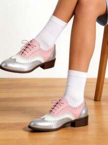 Comfortable Womens Classic Oxfords Lace Up Chunky Heel Oxfords Business Formal Wingtip Brogue Dress Shoes For Women - Hồng - Xem 6