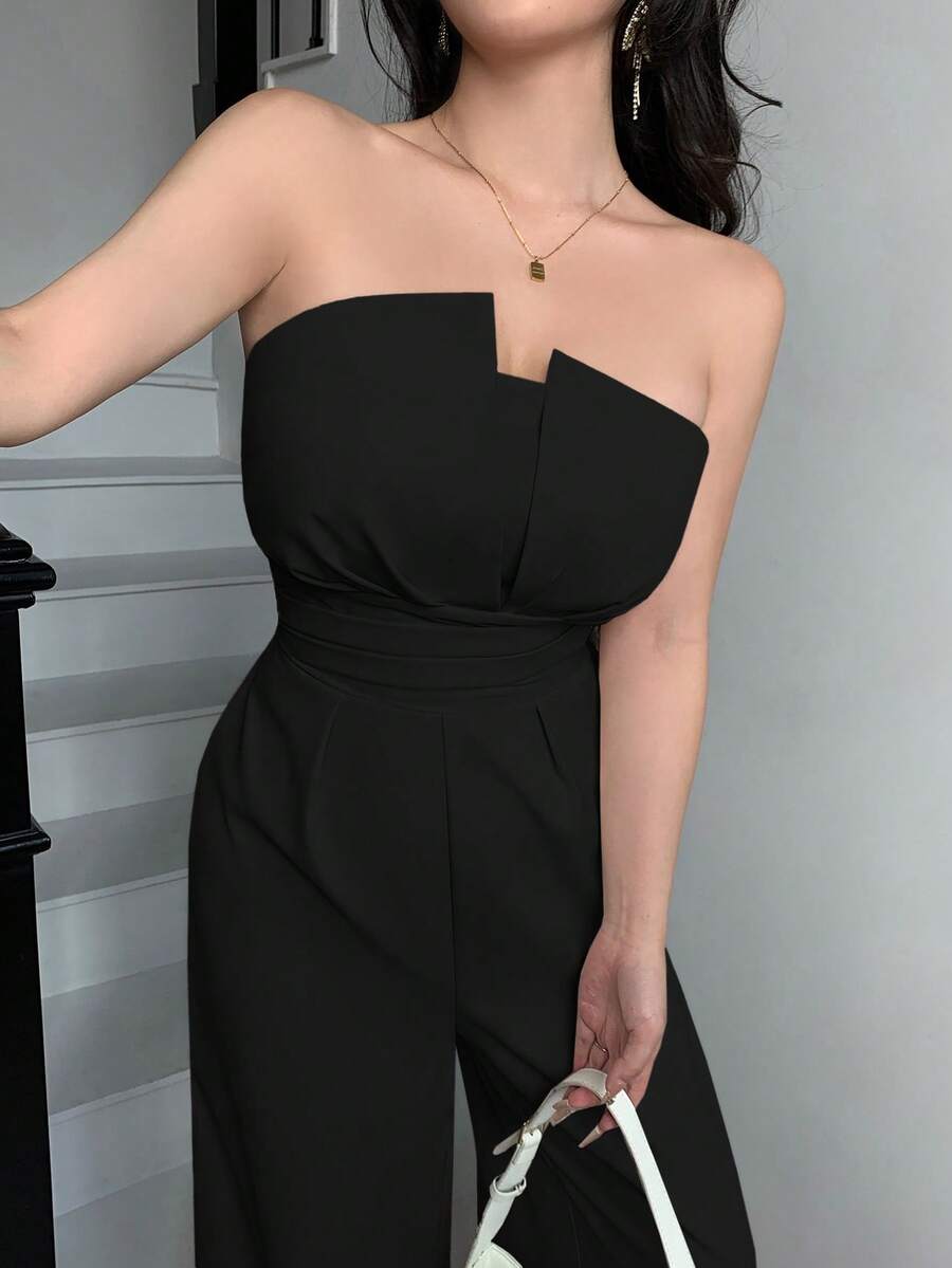 abyoxi 女士黑色无肩带露背褶裥腰部修身阔腿连体裤，性感优雅简约复古休闲通勤日常外出约会装，春夏长款连体裤 - 黑色 - 查看 1