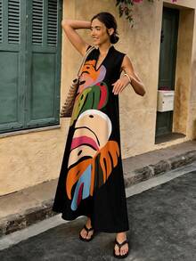 Nuevo vestido largo de verano elegante y holgado con estampado de arte abstracto, sin mangas y cuello alto para mujer - Multicolor - Ver 4