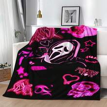 1PC Glowing Ghostface Horror Flannel Throw Blanket 50"X60" (Multiple Sizes) - Iconic White Scream Mask With Black Hood & Ink Wash Smoke, Tapestry Wall Hanging, Halloween Gift, Room Decor, Perfect For Sofa, Bed, Office, Horror Fan Gift - nhiều màu 4 - Xem 2