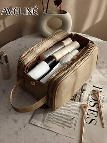 Camel Waterproof PU Leather Multifunctional Makeup Bag Double-Layer Large Capacity Portable Travel Cosmetic Bag Toiletries Storage Bag With Handle For Woman Dividers PU Makeup Bag Brush Storage Bag Men Business Wash Bag School Supplies Travel Essentials Make Up Bag Holiday Essentials Makeup Bags Makeup Pouch Makeup Organizer Holiday Winter 2024 Make Up Organizer Makeup Storage Back To School Supplies - 駝色 - 查看 10