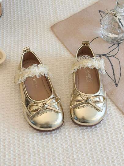 1 Pair Girls' Solid Metallic + Minimalist Bow Decor Wear-Resistant Glossy Non-Slip Soft Bottom + Breathable Lining Round Toe Low-Top Elastic Lace-Up Flat Minimalist Sweet Mary Jane Shoes, Suitable For Daily Outings / Family Gatherings