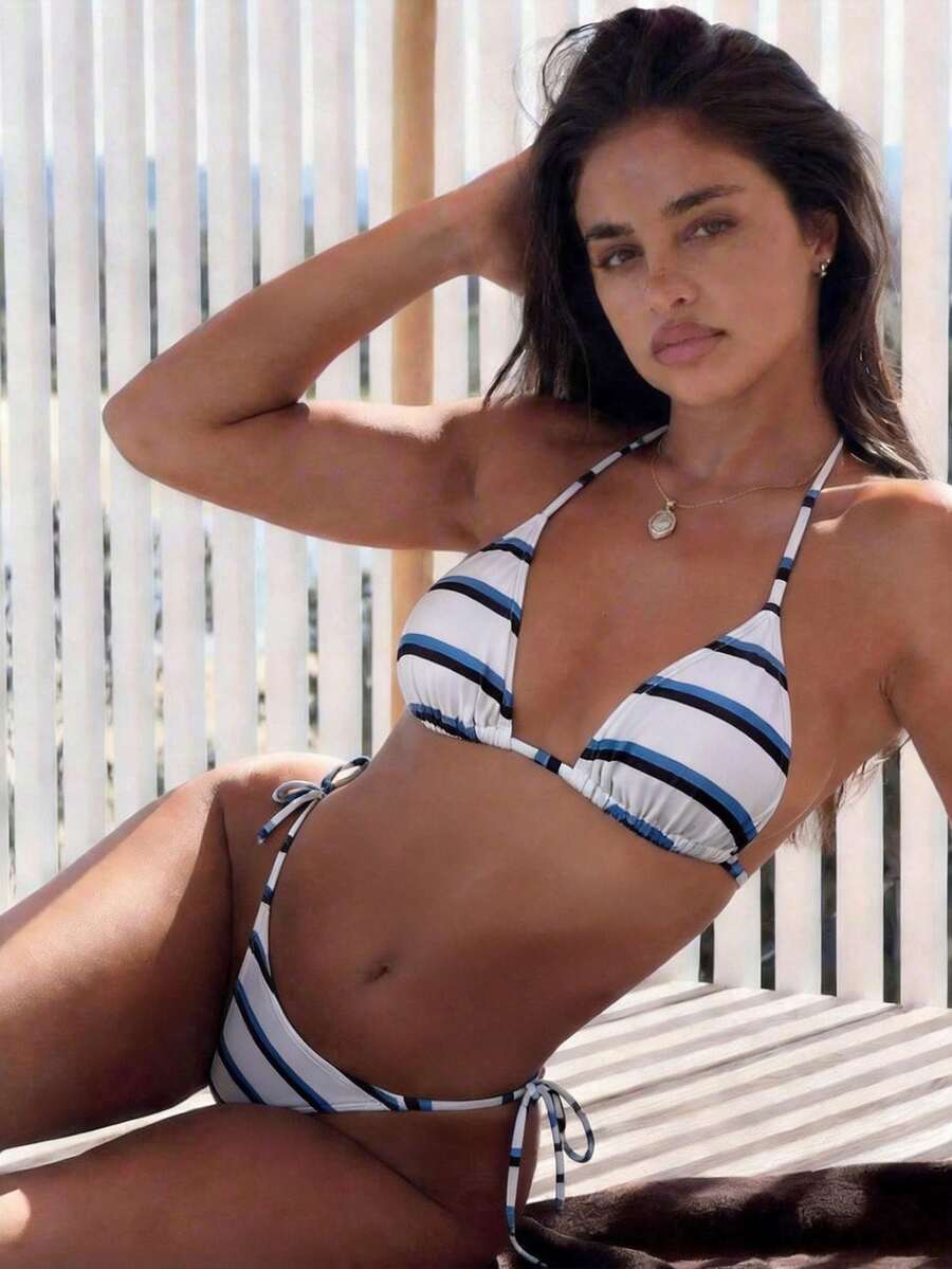 Bộ bikini tam giác sọc xanh trắng buộc dây bên hông, thời trang đồ bơi nữ gợi cảm thanh lịch cho mùa hè, đi biển, nghỉ dưỡng và tiệc bể bơi - Nhiều màu - Xem 1