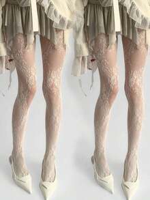 1/2 Pair Women Floral Pattern Lace Trim Fishnet Stockings, Vintage Floral Vine Leaf Sheer Mesh Pantyhose - đen - Xem 1