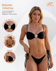 Thin Strap Thong Bikini With Side Tie, Shell Buckle, And Padded Cups - Black - View 6