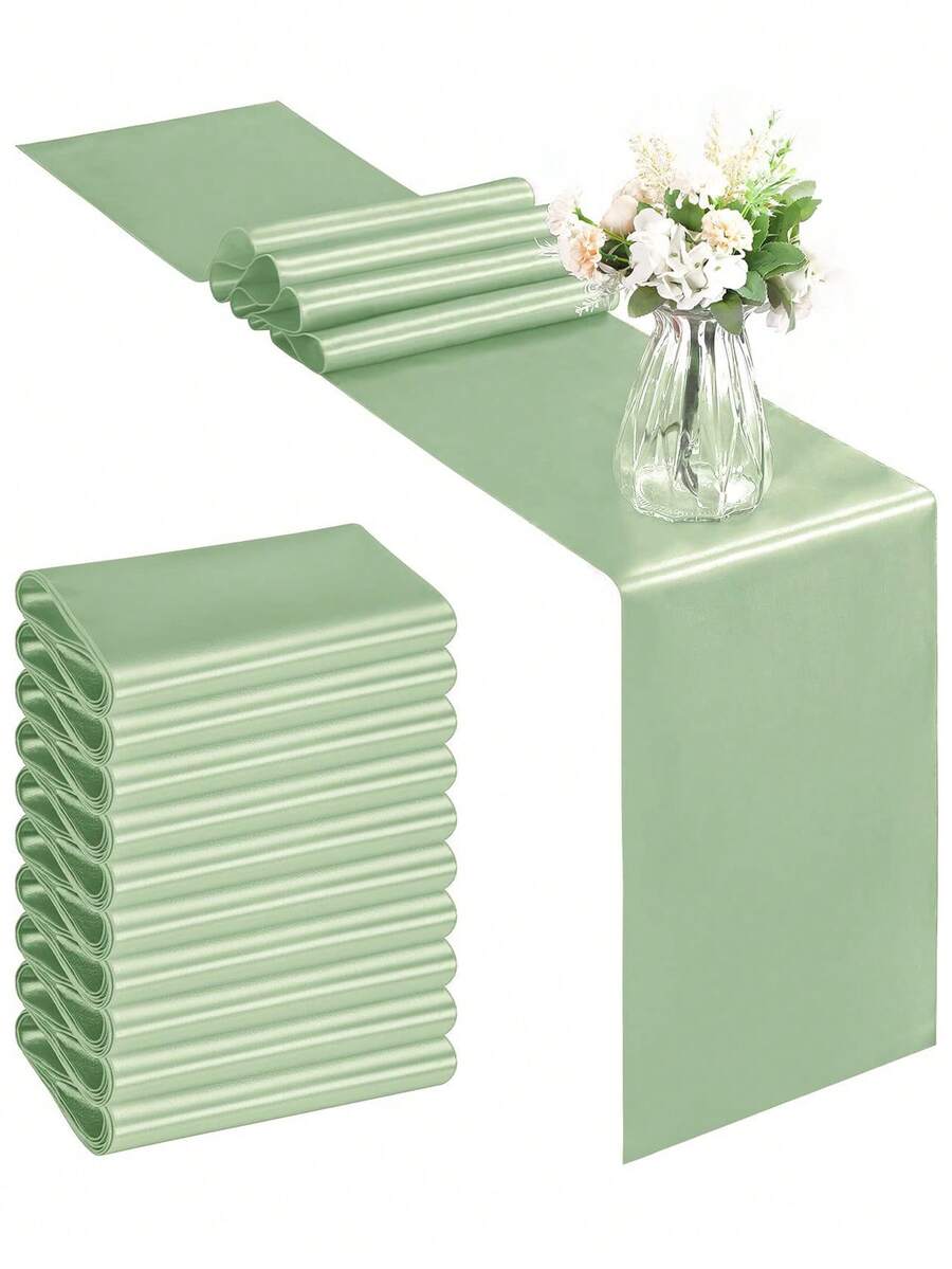 2pcs/5pcs/10pcs Sage Green Satin Table Runner, Long Silk Table Runner, Suitable For Wedding, Baby Shower, Bridal Shower, Hotel, Home, Party, Outdoor Event, Graduation, Birthday Party, Wedding Reception And More Occasions - Sage Green - View 1