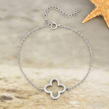 925纯银四叶草手链，镶嵌立方氧化锆，银色调，简约风格，适合日常佩戴，开斋节礼物，迪拜风格，婚礼首饰 - 銀色 - 查看 11