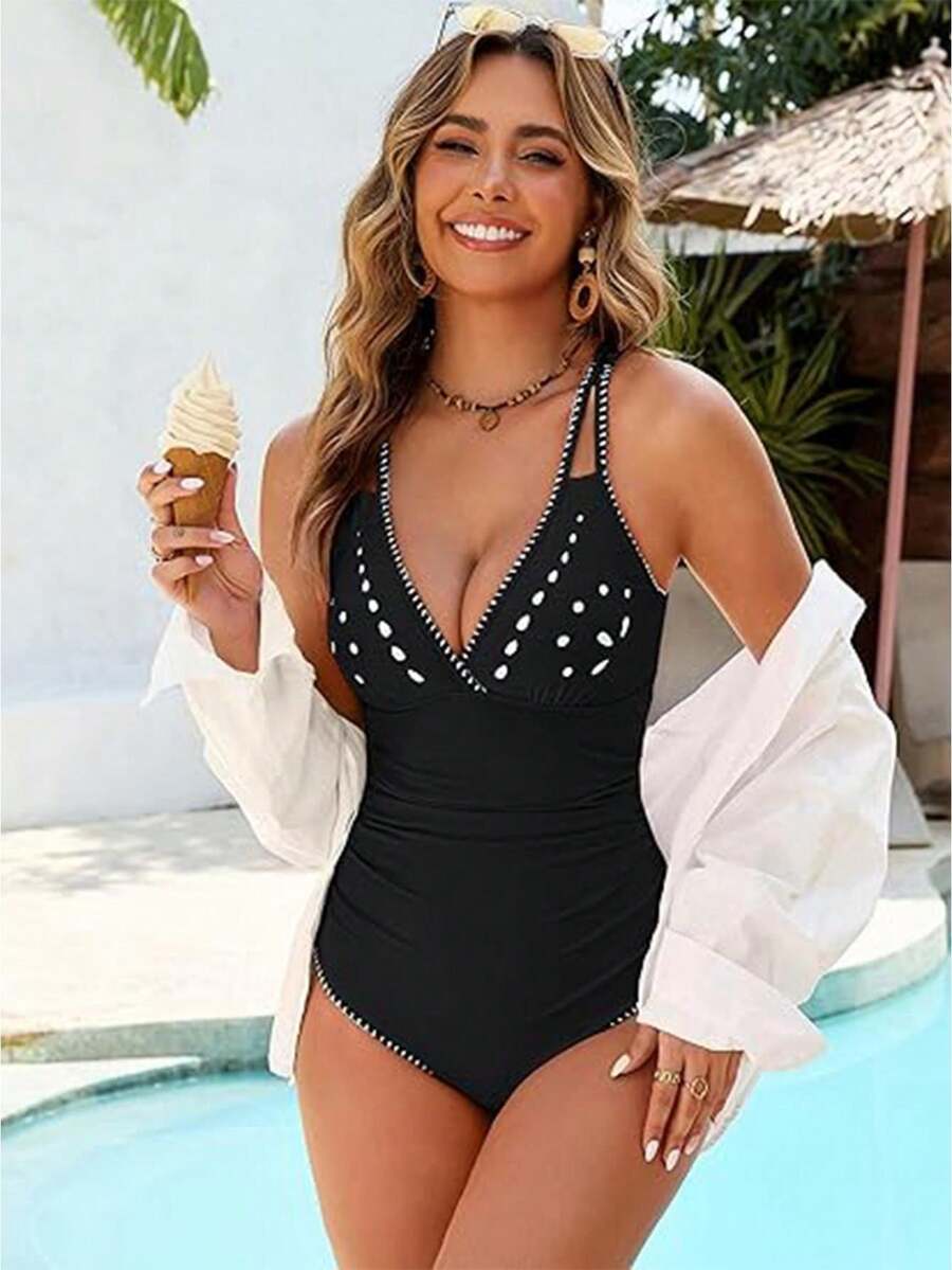 One Piece Swimsuit For Women Tummy Control Bathing Suit Popular Swimsuits With Laser-Cut Details - Black - View 1