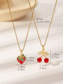 1pc Elegant Luxury Niche Design Strawberry Necklace, Gold Crystal Glazed Strawberry Cherry Fruit Pendant Choker, Sweet Girl Style Accessory, Daily & Date Wear - Gold - View 6