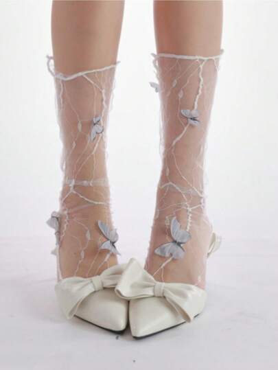 1双3D蝴蝶透视网眼短袜，Y2K蕾丝踝袜，可爱优雅的蝴蝶装饰足部配饰，亮黑色透视网眼船袜，适合派对和哥特风时尚，适合派对装扮和哥特风格女性。