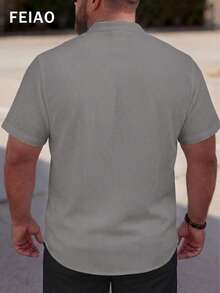 FEIAO 男士加大码复古硬币纽扣纯色华夫格 Polo 衫，简约休闲风格，时尚百搭，适合度假和通勤，舒适放松，轻松展现优雅气质。 - 灰色 - 查看 2