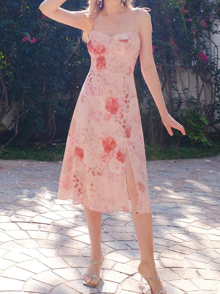 女士夏季印花吊带修身优雅连衣裙,侧开衩,粉色 - 粉色 - 查看 1