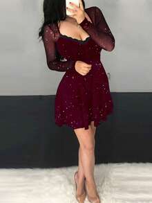 Sexy Sequin Sheer Dress, Elegant Fitted Party Dress, Suitable For All Seasons - Burgundy - View 2