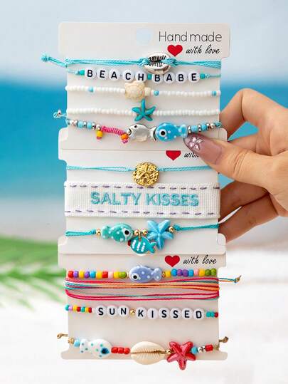 Summer Beach Boho Style Starfish Shell Fish Bracelet Set For Women, Handmade Braided Rope Bracelet Anklet, Suitable For Surfing, Elastic Wax Rope Bracelet Anklet, Ocean Theme Jewelry Gift