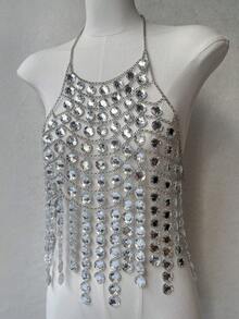 DEKUNER Top halter de lujo con brillantes de strass para mujeres, con flecos brillantes y transparente, para fiesta y club - Blanco - Ver 4
