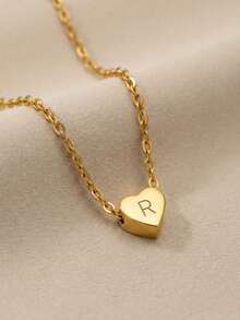 1 pieza Collar con colgante de letra en forma de corazón dorado elegante y delicado, adecuado para decoración de fiestas, regalo para familiares y amigos, accesorio de joyería - Dorado - Ver 2