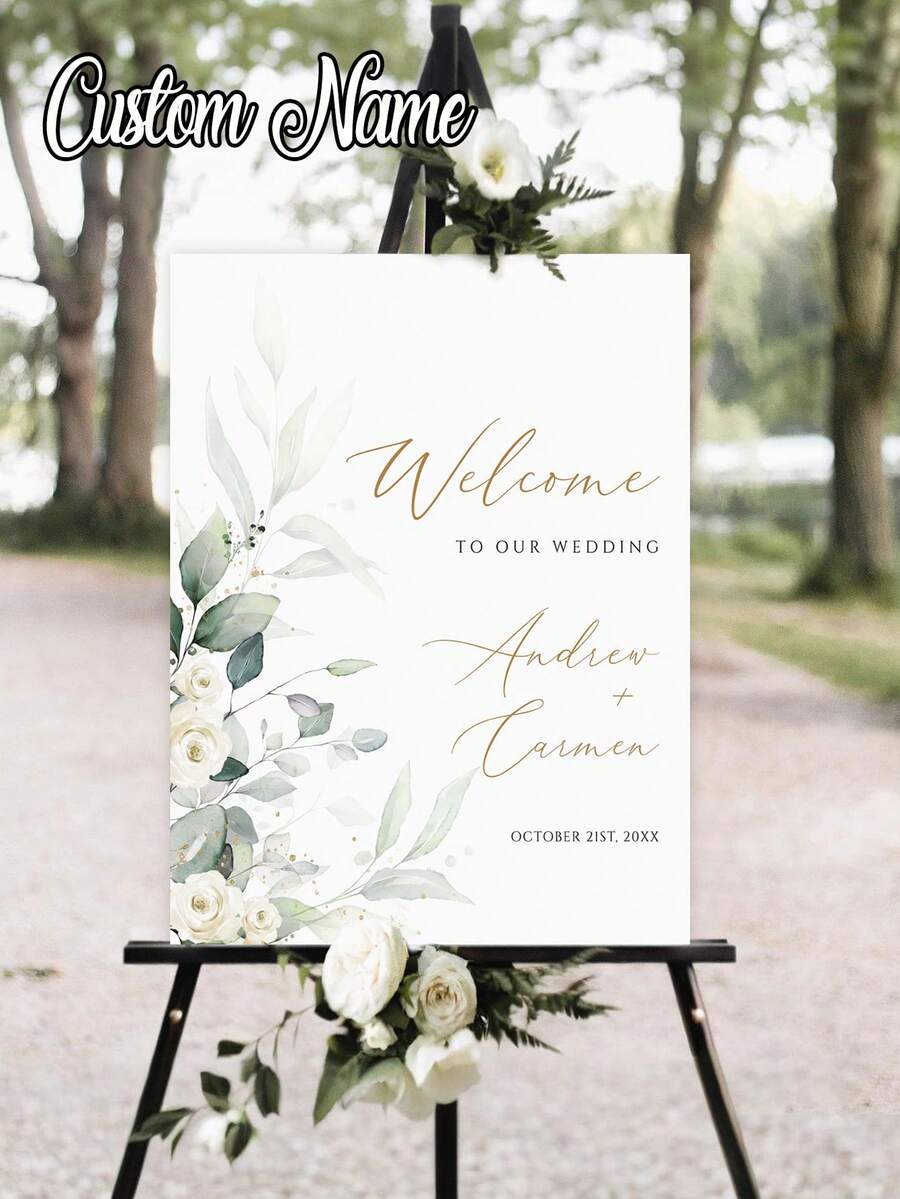 1pc Customized Bohemian Style Green Wedding Poster, Personalized Green Eucalyptus Wedding Welcome Sign, Wedding Welcome Signage Template, Green Plant Wedding Welcome Signage Download, Floral Wedding Welcome Signage Printable, Bohemian Style Wedding Welcome Signage, Customized Unframed Canvas Graduation Poster - Multicolor - View 1