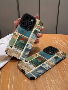 1 件复古海报插画日落海浪冲浪图案竖款仿皮纹理防震高级软壳手机壳，适合作为生日/节日礼物送给朋友、家人、情侣，适用于 17/ 17 Air/ 17 Pro/ 17 Pro Max/ 16/ 16 Plus/ 16 Pro/ 16 Pro Max/ 15/ 15 Plus/ 15 Pro - 彩色 - 查看 2