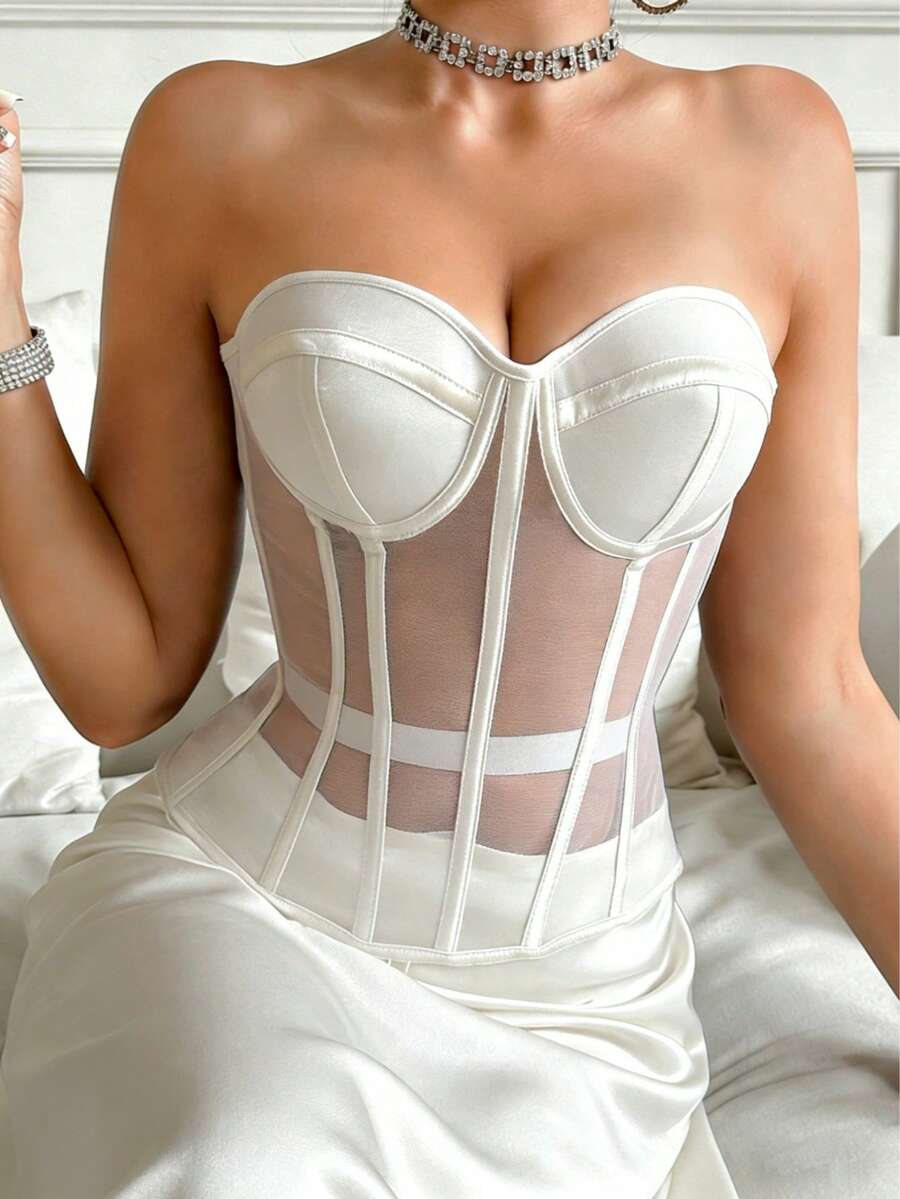 1pc Sheer Mesh Bandeau Crop Top, Sexy Backless Satin Lace-Up Bustier Camisole, Suitable For Women's Outings/Halloween Parties - 白色 - 查看 1
