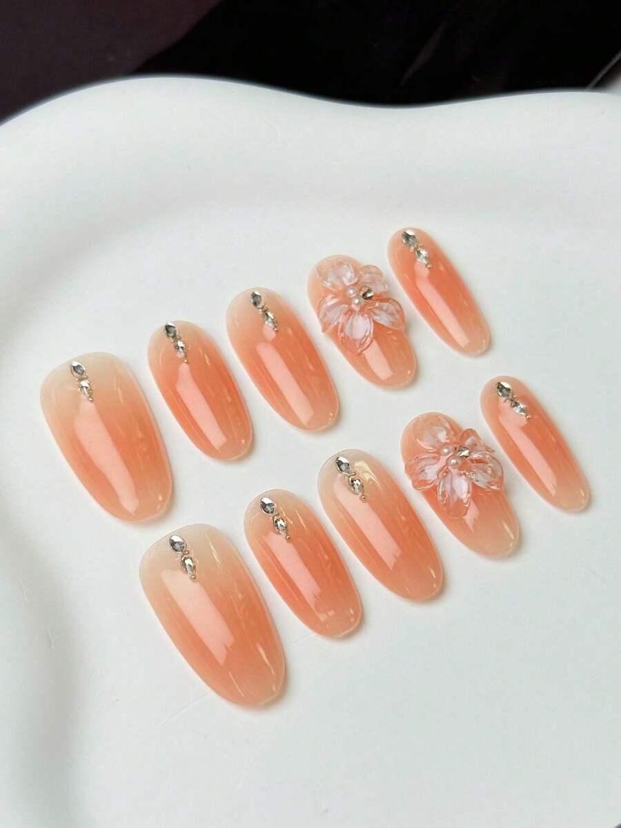 10pcs Middle Oval Fake Nails With Grapefruit Pink Gradient Translucent Base, 3D Clear Flower (Pearl Accent) & Single Rhinestone Design Fresh Vitality Style 100% Handmade Press On Acrylic Nails Reusable Nail Supplies Including 1pc Jelly Glue,1pc Stick And 1pc Nail File For Women's Daily Or Party Wear - Multicolor - View 1
