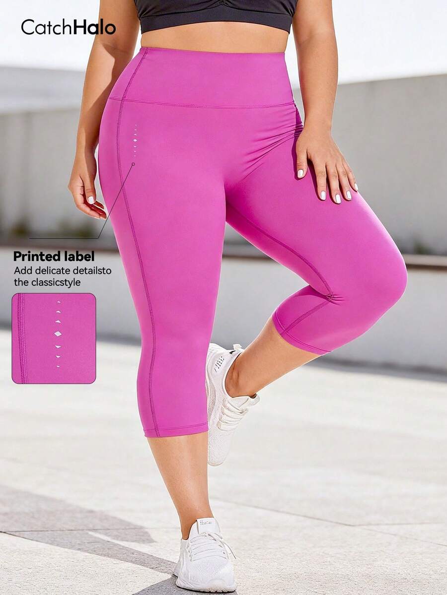 Plus Size Women's 4 Way Strength Capri Leggings, Reflective Badge, High Waist, High Stretch, Tummy Control, Summer Gym Yoga - 玫紅色 - 查看 1