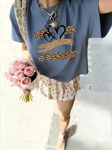 Men's Fashion Explosion Short Sleeves. Casual Summer T-Shirt For Women With Vintage Leopard Print And Heart Design, Round Neck, Short Sleeves, For Everyday Wear. - 藍色 - 查看 8