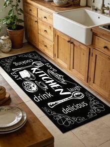 1pc Rubber Kitchen Mat, Simple Line Pattern Tableware Print Kitchen Carpet, Long Runner Rug For Laundry Room, Customizable Size To Fit Sink, Stove, Dining Area, Entryway, Easy To Clean And Maintain, Practical Doormat Decor - Black and White - View 2
