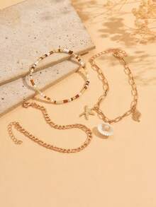 3pcs/Set Bohemian Beaded Anklet, Summer Ocean Style Starfish Shell Pendant Multi-Layer Anklet Jewelry, Suitable For Daily Wear, Beach, And Party - Gold - View 3